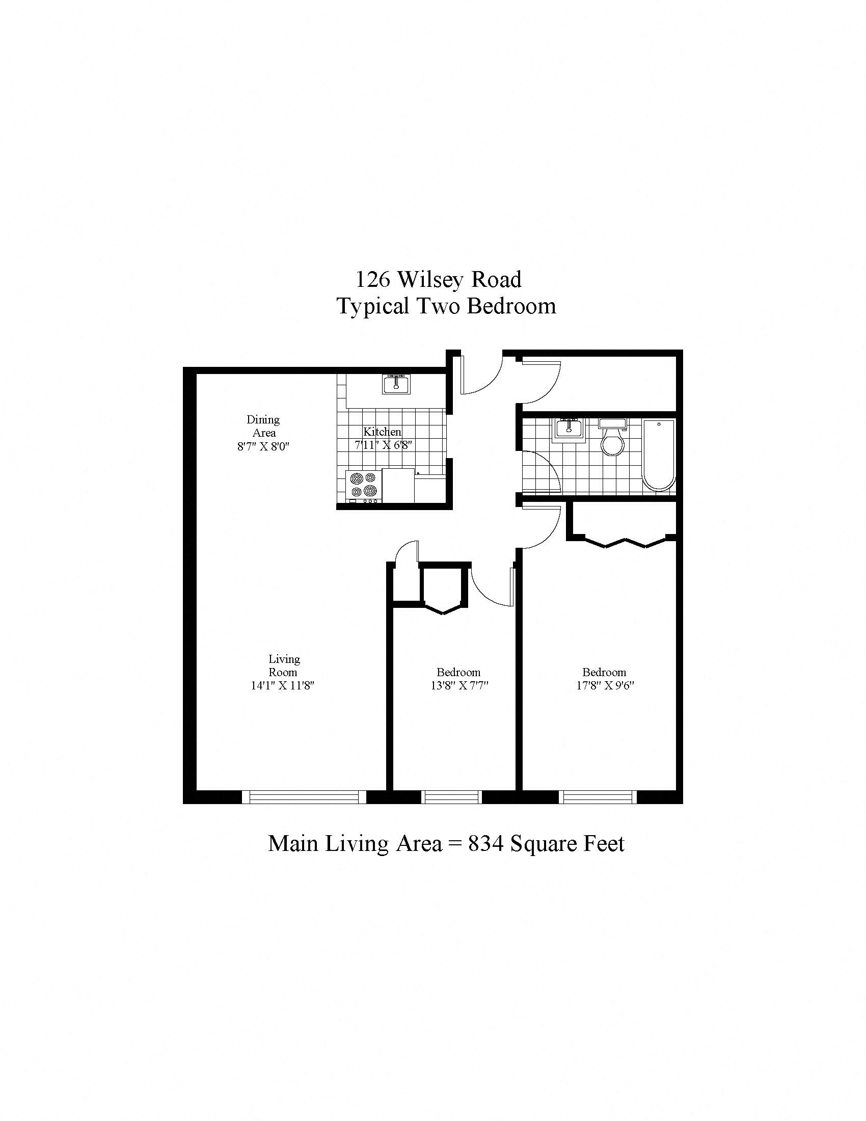 Floor plan for 2 beds, 1 bath, 834 sqft